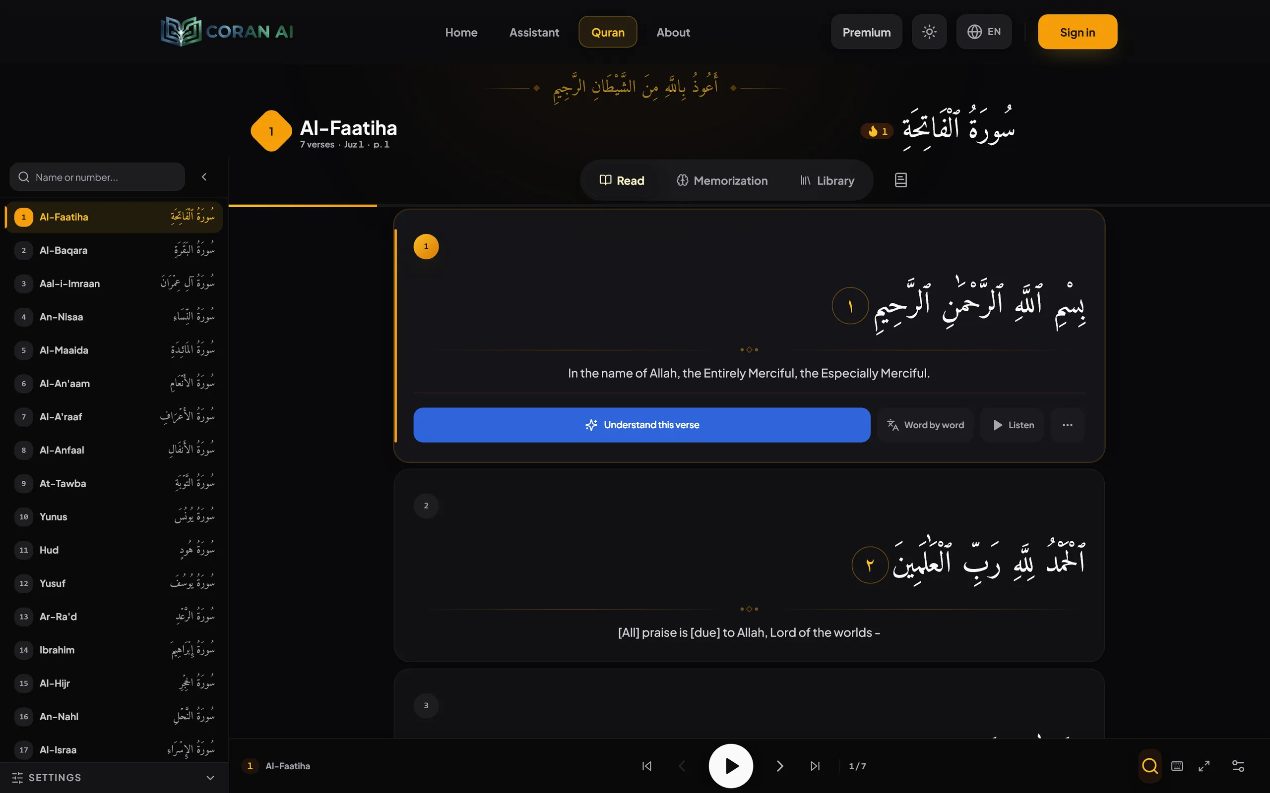 The Coran AI reader open on Surah Al-Fatiha: Mushaf text, translation under each verse and audio player
