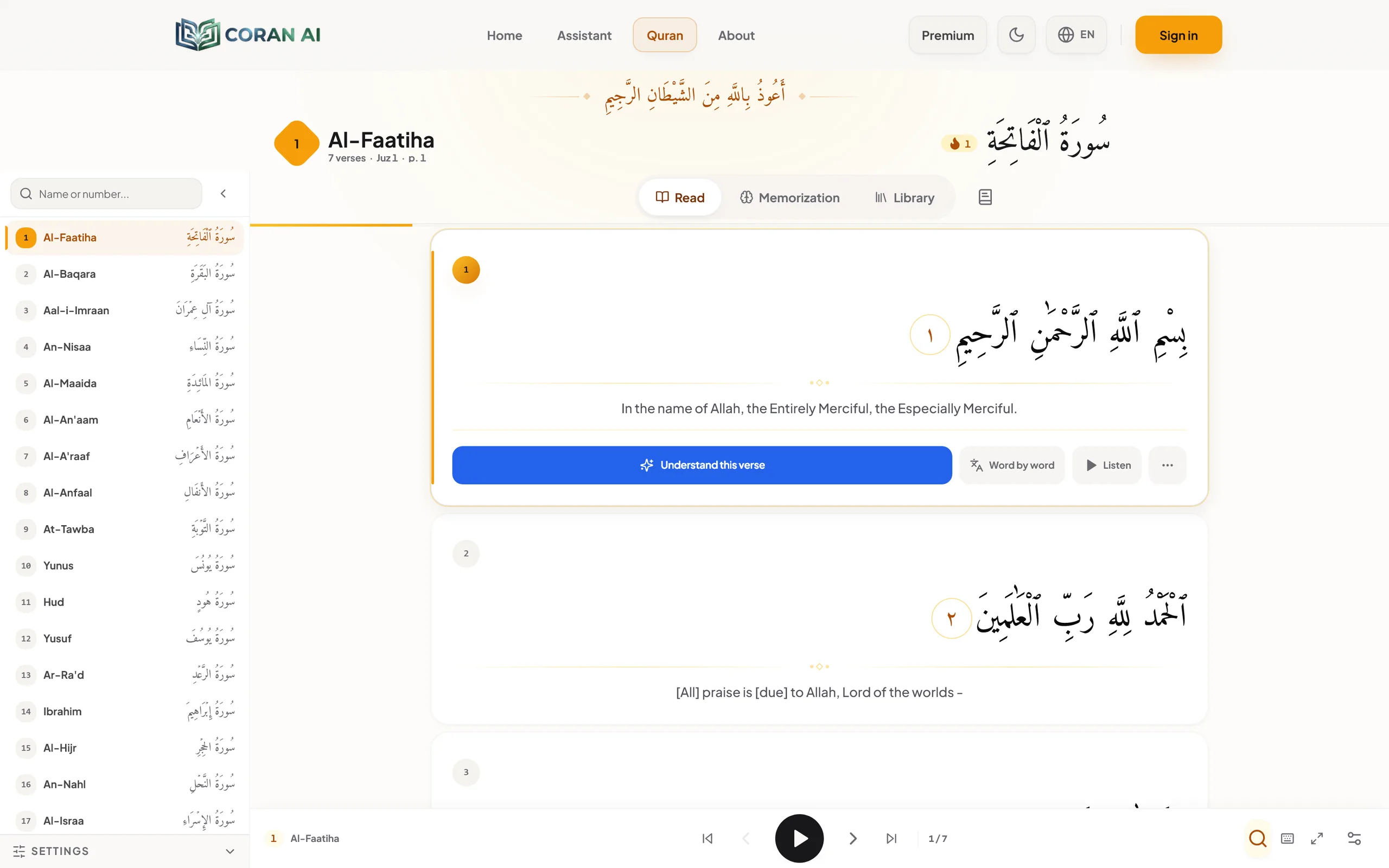 The Coran AI reader open on Surah Al-Fatiha: Mushaf text, translation under each verse and audio player